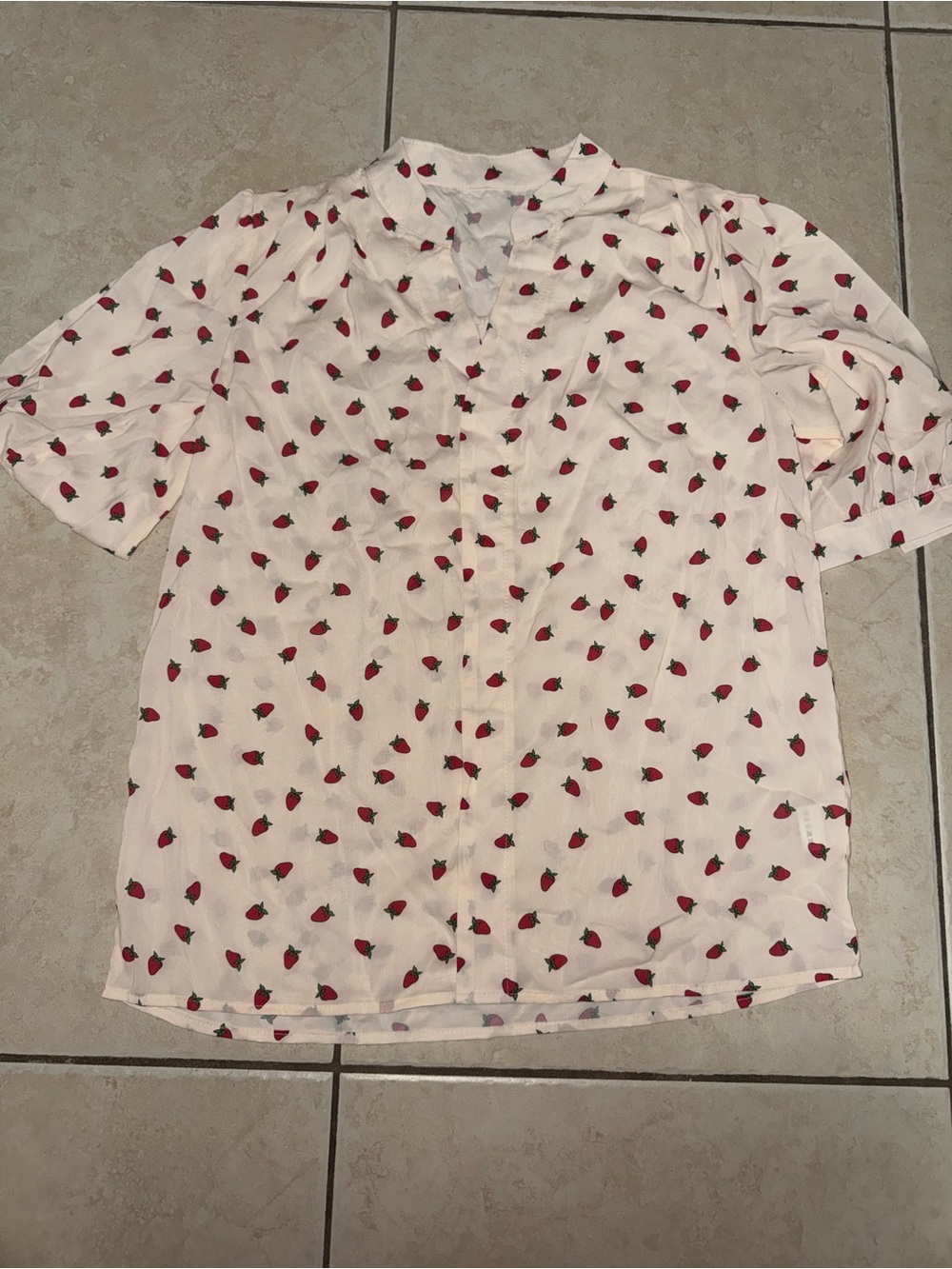 Light Pink Short-Sleeve Shirt with Red Strawberry Print